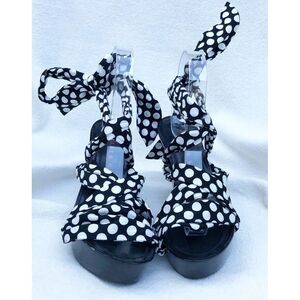 Y2K Walter Steiger Womens Platform Sandals Black White Polka Dot Tie Up 37.5 / 6